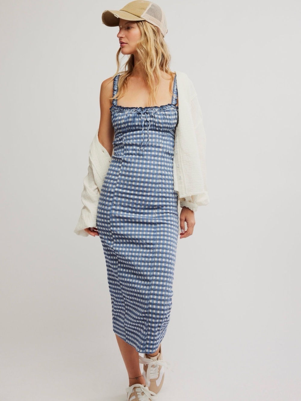 Free People Blue Gingham Smocked Midi Dress